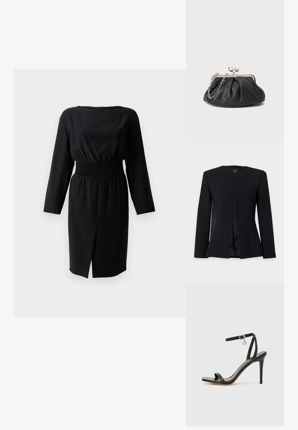 Sort blazer med lange ærmer, rund halsudskæring, enkeltknapslukning foran og let udsvinget talje, vist på ensfarvet baggrund.; Sort langærmet kjole med rund hals, elastisk talje, tekstureret stof og en sideslids. Lynlås lukning bagpå.; Sort hæl-sandal med smal ankrem, firkantet tå-boks, glat lædermateriale og metalspænde som pynt.; Sort læder clutch med samlet tekstur, sølvfarvet metalramme, kys-lås lukning og kædestrop. Glat, blød overflade.