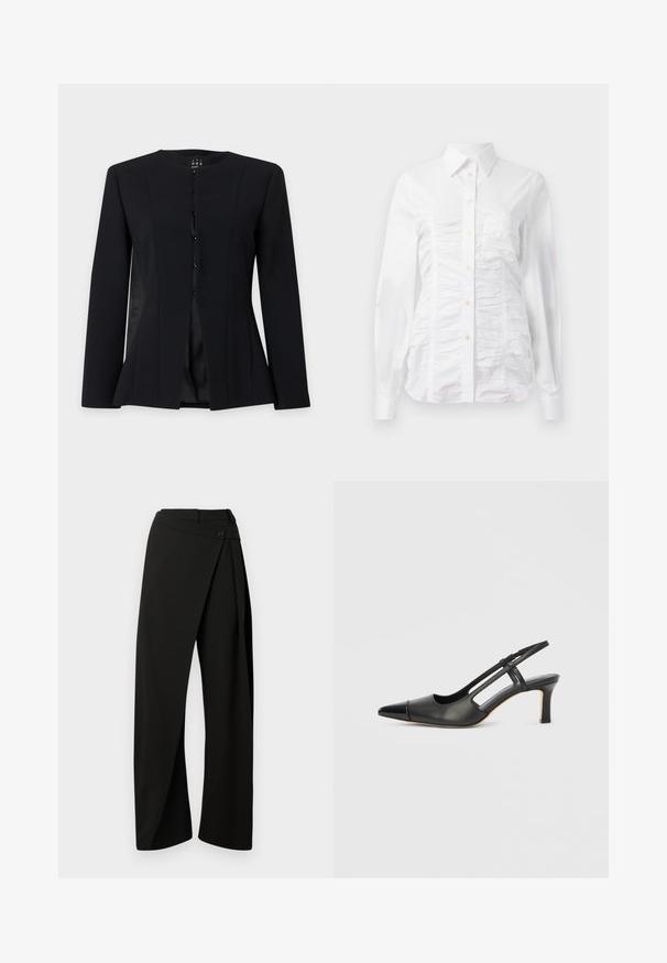 Zwarte, getailleerde blazer met lange mouwen, een ronde halslijn, enkele knopen aan de voorkant en een licht uitlopende taille, getoond op een effen achtergrond.; Witte button-up blouse met lange mouwen, voorzien van een gerimpelde textuur aan de voorkant, kleine gouden knopen en een standaard kraag.; Zwarte wijde broek met een frontale wikkelpaneel en een knoopsluiting in de taille, weergegeven tegen een witte achtergrond.; Zwarte leren slingback schoen met een puntige neus, voorzien van een glanzend detail op de neuskap en een hak van gemiddelde hoogte. Open zijkant ontwerp.