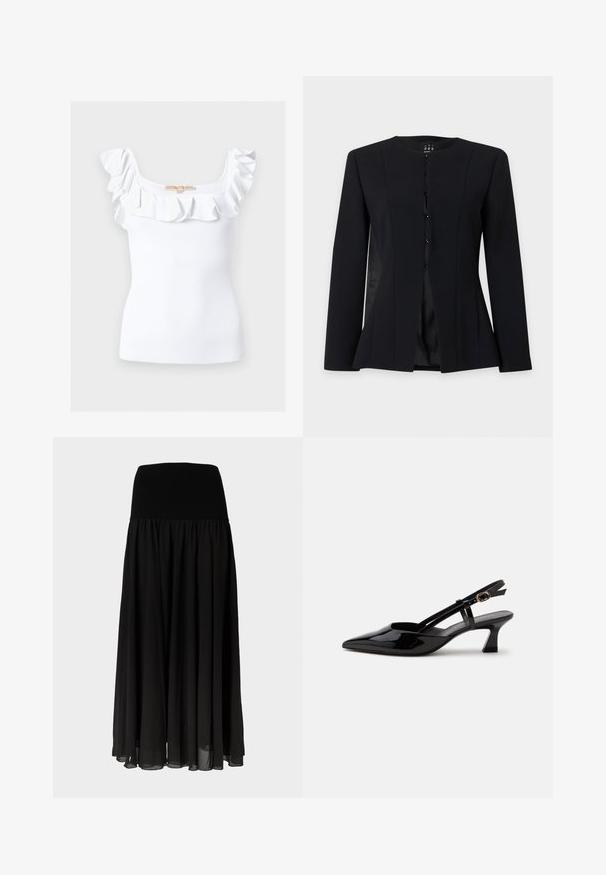 Blazer noir à manches longues, coupe ajustée, col rond, boutonnage simple devant et taille légèrement évasée, présenté sur un fond uni.; Haut blanc sans manches en maille côtelée avec encolure carrée et bordure à volants le long des épaules et de la poitrine.; Jupe maxi noire en tissu léger, dotée d'une large ceinture élastique et d'un design fluide plissé avec un aspect transparent à l'ourlet.; Chaussure slingback en cuir verni noir à petit talon, bout pointu et bride réglable avec boucle dorée sur fond blanc.