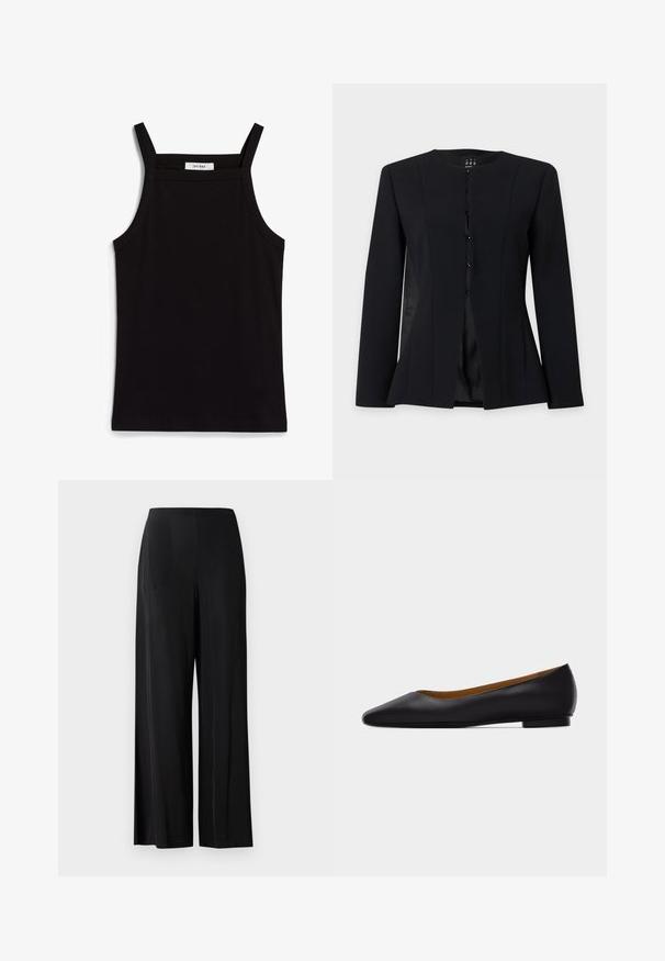 Schwarzer, taillierter Blazer mit langen Ärmeln, rundem Ausschnitt, einreihigen Knöpfen vorn und leicht ausgestellter Taille, vor schlichtem Hintergrund präsentiert.; Schwarzes Tanktop mit dünnen Spaghetti-Trägern, aus geripptem Stoff, mit geradem Schnitt und einem Etikett am Hals, auf dem "IVY OAK" steht.; Schwarze, weit geschnittene Hosen aus glattem Stoff, mit hohem Bund und ohne sichtbare Taschen oder Beschläge. Bodenlanger Schnitt.; Schwarzer flacher Schuh aus Leder mit spitz zulaufender Vorderkappe, niedrigem Absatz und glatter Oberfläche, von der Seite vor einem hellgrauen Hintergrund dargestellt.