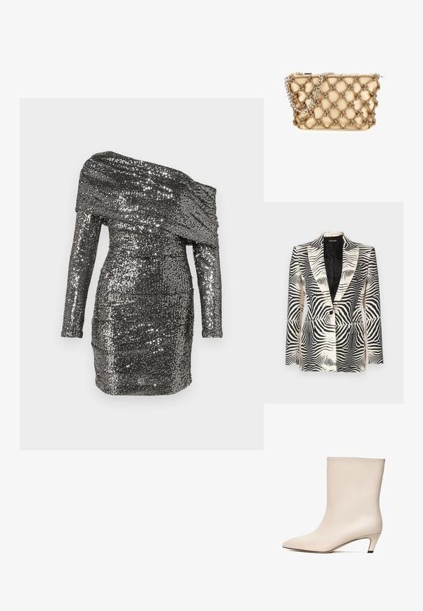 Zebra-print blazer met een gestructureerd ontwerp, enkele knoopsluiting en twee voorkanten zakken, vervaardigd uit een gladde, lichte stof.; Pailletten jurk met een off-shoulder halslijn, lange mouwen en een aansluitende silhouette. Gemaakt van metallic stof in zilveren tinten.; Beige leren enkelboot met een pointed toe en een conische hak. Gladde textuur met minimale stiknaden en een slanke silhouet.; Beige rechthoekige handtas met geknoopte textuurnetlaag en zilveren kettingriem, ritssluiting bovenaan, tegen een witte achtergrond.
