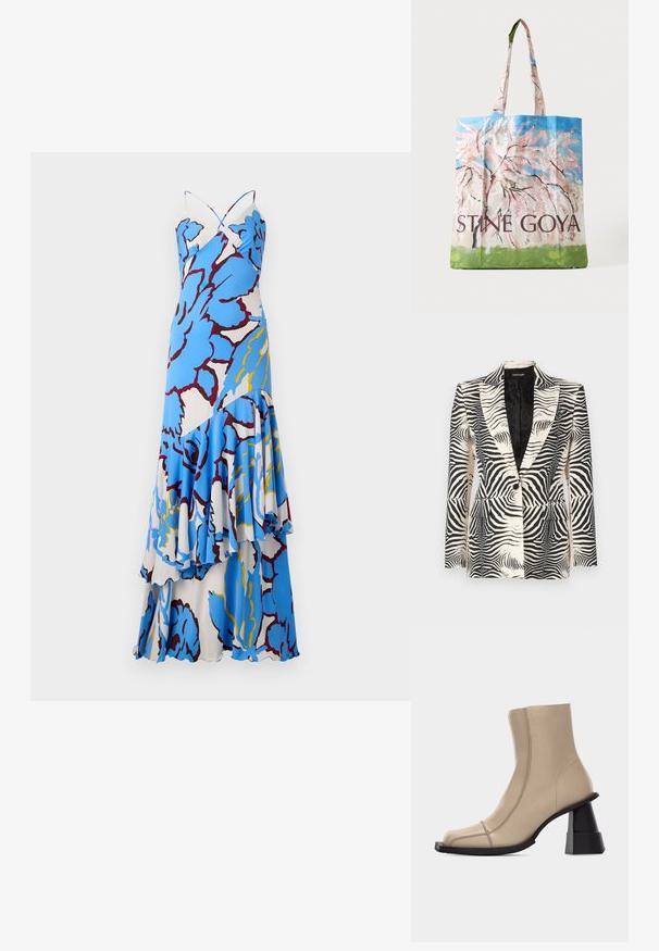 Zebra-print blazer met een gestructureerd ontwerp, enkele knoopsluiting en twee voorkanten zakken, vervaardigd uit een gladde, lichte stof.; Bloemen maxi jurk met een blauw-wit patroon, gedraaide bandjes en gelaagde ruches. Gemaakt van lichtgewicht stof met een vloeiende uitstraling.; Beige leren enkellaars met vierkante neus, zichtbare stiksels en een stevige zwarte gevormde blokhak op een witte achtergrond.; Tote bag met geschilderde roze kersenbloesemboom, blauwe lucht, groen gras en "STINE GOYA" tekst aan de voorkant.