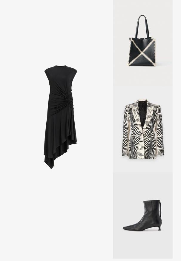 Jacke mit Zebramuster, die eine strukturierte Form, einen Einzelknopfverschluss und zwei Vorderaschen aufweist, hergestellt aus einem glatten, leichten Stoff.; Schwarzes ärmelloses Kleid mit gerafften Details an der Seite, ausgestattet mit einem asymmetrischen Saum, der elegant fällt. Weiche Stofftextur.; Schwarzer Leder-Stiefelette mit spitz zulaufender Spitze, strukturierter Form und niedrigem Absatz. Verfügt über einen Seitenreißverschluss und ein minimalistisches Design.; Schwarze Leder-Tote mit cremefarbener Steppnaht, die ein X-Muster bildet. Verfügt über zwei schwarze Griffe und hat eine ungeformte Form.