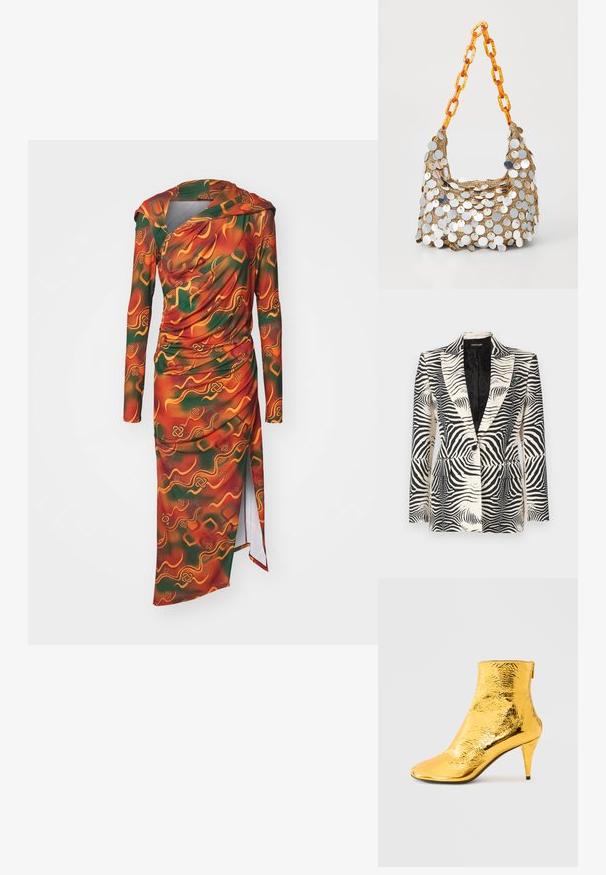 Zebra-mønstret blazer med en struktureret design, enkeltknapslukning og to frontlommer, lavet af et glat, letvægtsstof.; Langærmet kjole i et vibrerende orange, grønt og gult abstrakt mønster. Stoffet er glat med draperede detaljer og en sideslids.; Gylden ankelstøvle med en skinnende, krøllet tekstur, spids snude og en slank hæl. Design i ankelhøjde med lynlås bagpå.; Guldmasket håndtaske dekoreret med metalfølser og et orange plastkædehåndtag. Buet form, blød tekstur og skinnende detaljering.