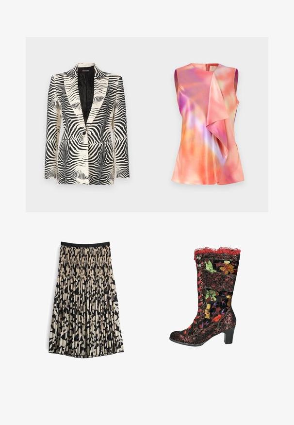 Zebra-print blazer met een gestructureerd ontwerp, enkele knoopsluiting en twee voorkanten zakken, vervaardigd uit een gladde, lichte stof.; Mouwloos topje van satijnstof, met een kleurrijk abstract patroon van roze, oranje en violet tinten, en een gedrapeerd voorkant ontwerp.; Plissérok van lichtgewicht stof, met een abstract zwart en beige dierenprint, voorzien van een zwarte elastische tailleband.; Zwarte bloemenlaarzen met een patroon bovenkant van textiel, rode veterversieringen en een middelhoog hak. Bevat oogjes en contrasterende kleuren.