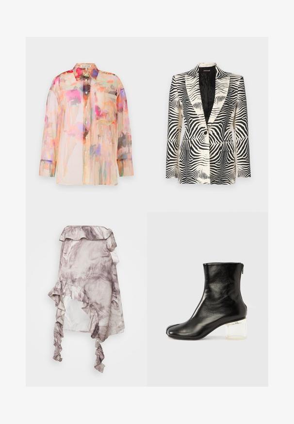 Blazer de estampado de cebra con un diseño estructurado, cierre de un botón y dos bolsillos frontales, confeccionado con una tela suave y ligera.; Blusa transparente de mangas largas en colores pastel con un patrón de acuarela floral, que presenta un collar, botones en la parte delantera y un bolsillo en el pecho.; ROKH MIDI SKIRT RUFFLES - Falda acampanada - purple; Bota negra de cuero para el tobillo con puntera redonda y tacón cuadrado transparente. Cuenta con cierre de cremallera en el lateral y un acabado mate liso.