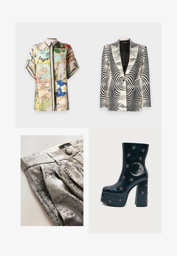 Zebra-print blazer met een gestructureerd ontwerp, enkele knoopsluiting en twee voorkanten zakken, vervaardigd uit een gladde, lichte stof.; Korte mouwen overhemd met knopen, voorzien van een patchworkontwerp met meerdere kleuren, bloemen- en geometrische patronen, en een kraag.; Grijze metalen stof broek met een geplooid ontwerp, voorzien van een tailleband en een knoopsluiting. Gladde textuur met een reflecterende glans.; Zwarte plateau enkellaars met blokhak, versierd met zilveren geborduurde sterren en een halve maan aan de zijkant.