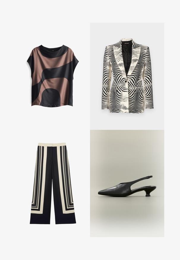 Zebra-print blazer met een gestructureerd ontwerp, enkele knoopsluiting en twee voorkanten zakken, vervaardigd uit een gladde, lichte stof.; Korte mouw top gemaakt van soepele stof, met abstracte zwarte en bruine patronen, een relaxed fit en een ronde halslijn.; Zwarte broek met wijde pijpen en crèmekleurige geometrische rechthoekige strepen langs de zijkanten en voorkanten, voorzien van een rits aan de voorkant en riemlussen.; Zwarte leren slingback schoen met puntige neus en lage kittenhak op een neutrale achtergrond.