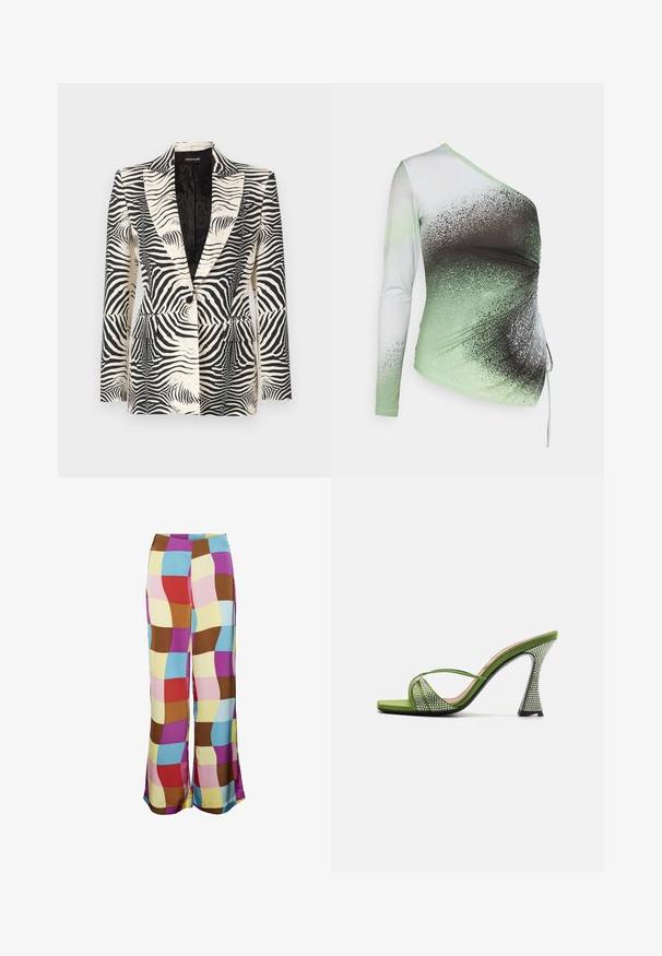 Blazer de estampado de cebra con un diseño estructurado, cierre de un botón y dos bolsillos frontales, confeccionado con una tela suave y ligera.; Elleme ONE SHOULDER - Camiseta de manga larga - light green/white; SOMETHINGNEW SABRINA PANTS - Pantalones - dahlia; Sandalia abierta de satén verde con tiras entrecruzadas, adornada con strass. Presenta un tacón alto y arquitectónico con un acabado texturizado.