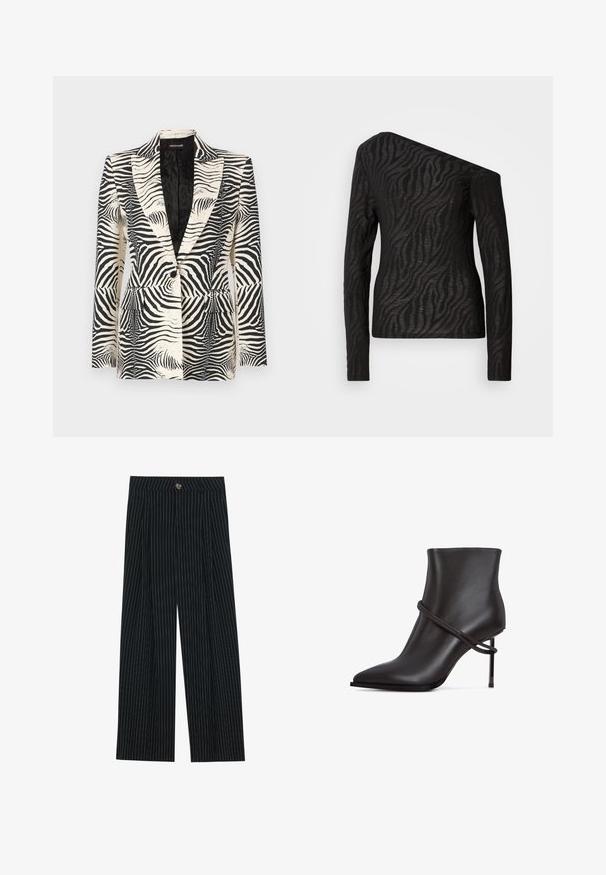 Blazer de estampado de cebra con un diseño estructurado, cierre de un botón y dos bolsillos frontales, confeccionado con una tela suave y ligera.; Top negro de manga larga con cuello asimétrico, que presenta un patrón de rayas de cebra y una textura transparente.; Pantalones de pierna ancha a rayas negras, fabricados con una tela texturizada, que cuentan con un cierre frontal de botón y un diseño plisado para mayor interés.; Botín negro elegante con puntera afilada, acento de diseño envuelto y un alto tacón de aguja sobre un fondo blanco.
