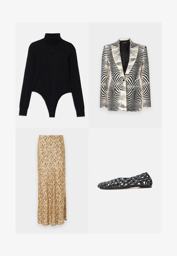 Zebra-mønstret blazer med en struktureret design, enkeltknapslukning og to frontlommer, lavet af et glat, letvægtsstof.; Sort turtleneck bodysuit lavet af blødt stof, med lange ærmer, en tætsiddende pasform og en bunde i thong-stil for en strømlinet silhuet.; Beige lang nederdel med sort abstrakt penselstrøgsmønster, lige snit og let flæse forneden mod en ensfarvet lys grå baggrund.; Sort fletet læder flad sko med en spids tå og åbent gitternet design, vist fra siden på en neutral baggrund.