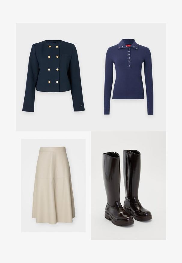 Navyblauwe cropped jas van gestructureerde stof, met gouden dubbelknopen en een enkele borstzak.; Marineblauw poloshirt met lange mouwen en een kraag, voorzien van een knopenlijst en decoratieve metalen ringen langs de kraag. Soepele structuur.; Beige A-lijn midi-rok met zichtbare naaddetails en een aansluitende tailleband, gemaakt van glad leerachtig materiaal.; Glanzende zwarte kniehoog laarzen met dikke zolen en een ritssluiting aan de zijkant op een effen witte achtergrond.