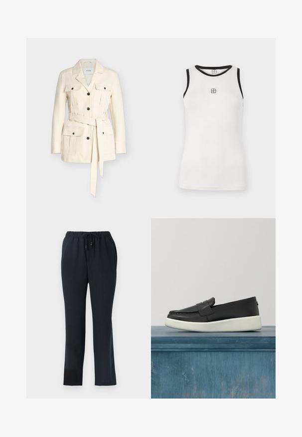 Chaqueta color crema con cinturón, cuatro bolsillos con solapa y botones negros, con cuello con muesca y mangas largas.; Camiseta sin mangas blanca con ribete negro alrededor del escote y las aberturas de las mangas. Presenta un pequeño logo negro en la parte delantera. Material de algodón suave.; Pantalones negros de corte relajado con cintura elástica y cordón. Hechos de un tejido ligero, con una textura suave y piernas rectas.; Mocasín de cuero negro con suela blanca flotando sobre un piso gris, con barras metálicas verticales desenfocadas y planta verde al fondo.