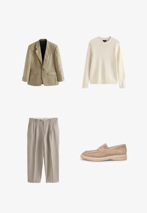Beige enkeltknappet herreblazer med hakkede revers, to forlommer med klap, en brystlomme og tre knapper på hver manchet.; Flødefarvet langærmet strikket sweater med ribstrikket rund hals, ærmegab og kant, mærket størrelse medium fra mærket Next.; Beige plisserede bukser med høj talje, frontknap og lynlås, sidelommer og lige vide ben.; Lys beige ruskind loafer med rund tå, dekorativ vamprem og en struktureret gummisål for greb.