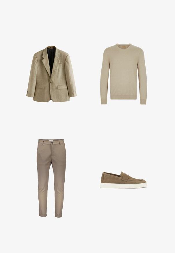 Beige enkeltknappet herreblazer med hakkede revers, to forlommer med klap, en brystlomme og tre knapper på hver manchet.; Beige striktrøje med lange ærmer, rund halsudskæring og ribbede cuffs og kant. Glat tekstur uden synlige mønstre eller dekorationer.; Beige bomuldsblanding bukser med en tætsiddende pasform, der har knaplukning, bæltestropper og opviklede manchetter. Glat tekstur med rene syninger.; Brune ruskinds slip-on sko med en hvid gummisål, der har et syet tådesign og en dekorativ rem over vristen.
