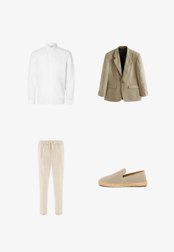Blazer beige de hombre de un solo pecho con solapas con muesca, dos bolsillos delanteros con solapa, un bolsillo en el pecho y tres botones en cada puño.; Camisa blanca de manga larga hecha de lino, con cuello abotonado, botones en el frente y un ajuste relajado con puños rectos.; Pantalones beige con cintura de cordón, bolsillos frontales y corte de pierna recta, diseñados para un uso casual o relajado.; Espadrilla beige de ante tipo slip-on con suela envuelta en yute y tacón bajo, vista lateral sobre fondo blanco.