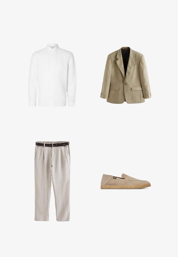 Beiger einreihiger Herrenblazer mit Kerbklappen, zwei vorderen Pattentaschen, einer Brusttasche und drei Knöpfen an jedem Ärmel.; Weißes Langarmhemd aus Leinen mit Button-Down-Kragen, vorderen Knöpfen und einer lässigen Passform mit geraden Manschetten.; Hellbeige Leinenhose mit Falten, Seitentaschen und einem dunkelbraunen gewebten Gürtel mit silberner Schnalle.; Beige Slip-On mit Wildleder-Obermaterial und strukturierter gewebter Sohle, mit kleinem Stoff-Logoetikett an der Seite nahe der Ferse.