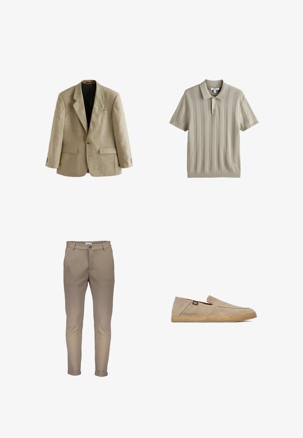 Beige enkeltknappet herreblazer med hakkede revers, to forlommer med klap, en brystlomme og tre knapper på hver manchet.; Beige strikket polo med korte ærmer, lodret ribstrikket tekstur og tre knapper ved kraven, størrelse medium.; Beige bomuldsblanding bukser med en tætsiddende pasform, der har knaplukning, bæltestropper og opviklede manchetter. Glat tekstur med rene syninger.; Beige slip-on sko med ruskindsoverdel og tekstureret vævet sål, med lille stoflogo tag på siden nær hælen.