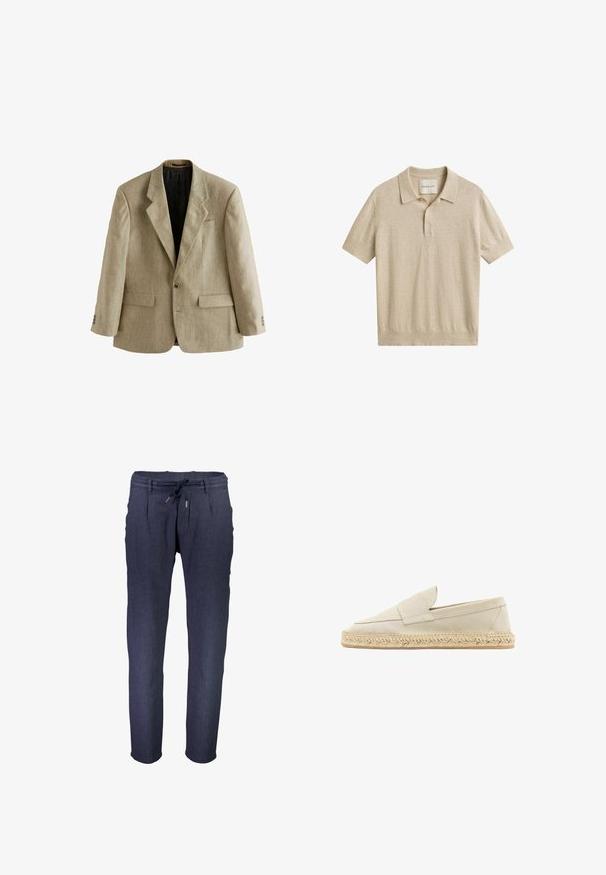 Beiger einreihiger Herrenblazer mit Kerbklappen, zwei vorderen Pattentaschen, einer Brusttasche und drei Knöpfen an jedem Ärmel.; Beiges Poloshirt mit kurzen Ärmeln, gerippten Bündchen und Saum, Zwei-Knopf-Leiste und GANT Markenetikett im Krageninnenseite.; Marineblaue, taillierte Hose aus strukturiertem Stoff, mit einem elastischen Taillenbund, verstellbarem Kordelzug und seitlichen Taschen.; Beige Wildlederschuh mit Espadrille-Design und Schlüpfform, mit runder Zehenform, geflochtener Jutesohle und minimalen Nähten.