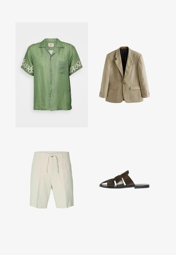 Beige herenblazer met enkele knoopsluiting, met notch-revers, twee voorzakken met klep, een borstzak en drie knopen op elke manchet.; Korte mouwen groene linnen shirt met een knoopsluiting aan de voorkant, een opgestikt zakje en een ingewikkeld crèmekleurig spiraalpatroon op de mouwen. Lichtgewicht en ademend materiaal.; Linnen shorts in lichtbeige, met een trekkoord in de taille, voorplooien en twee zijzakken. Zachte textuur met een casual ontwerp.; Bruine leren instapsandaal met brede overlappende bandjes en een platte zwarte zool, ontworpen voor casual gebruik.