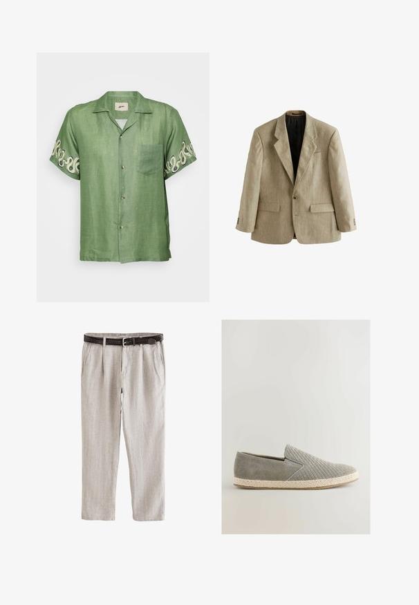 Beiger einreihiger Herrenblazer mit Kerbklappen, zwei vorderen Pattentaschen, einer Brusttasche und drei Knöpfen an jedem Ärmel.; Kurzarm-Hemd aus grünem Leinen mit Knopfleiste, aufgesetzter Tasche und filigranem cremefarbenen Wirbelmuster an den Ärmeln. Leichter und atmungsaktiver Stoff.; Hellbeige Leinenhose mit Falten, Seitentaschen und einem dunkelbraunen gewebten Gürtel mit silberner Schnalle.; Next REGULAR FIT - Espadrille - grey