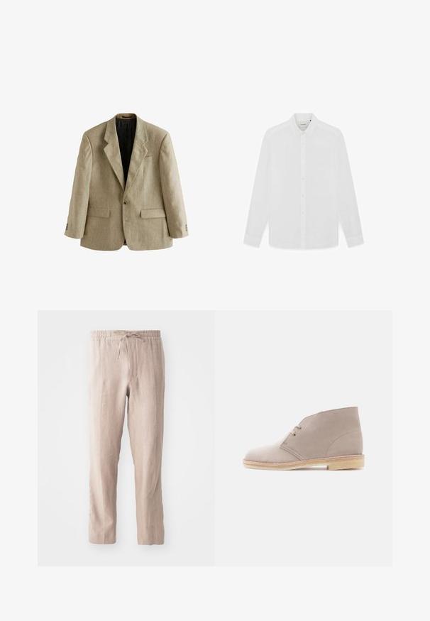 Beige enkeltknappet herreblazer med hakkede revers, to forlommer med klap, en brystlomme og tre knapper på hver manchet.; Herre langærmet hvid skjorte med knapper, klassisk krave og knaplukning ved manchetterne, lagt fladt på en hvid baggrund.; Beige linnedbukser med elastisk talje og snor. Lige ben design med en blød tekstur og minimalistisk stil.; Beige ruskindsankelstøvle med to-huls snørebånd, crepe-sål og lav stakket hæl, vist fra siden på en ensfarvet baggrund.