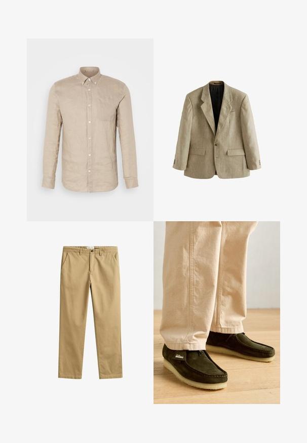 Blazer beige de hombre de un solo pecho con solapas con muesca, dos bolsillos delanteros con solapa, un bolsillo en el pecho y tres botones en cada puño.; Camisa de lino beige de botones con mangas largas, bolsillo en el pecho y botones blancos. Textura suave, corte relajado y cuello puntiagudo.; Pantalones beige de pierna recta con presillas para cinturón, cierre de cremallera y botón, y bolsillos laterales frontales, exhibidos extendidos sobre un fondo blanco.; Zapatos mocasines de ante verde con un detalle de cordones y suela de goma texturizada en color crema, combinados con pantalones de color beige claro.