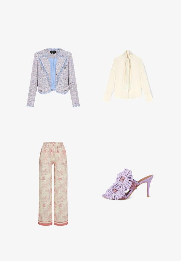 Bijgesneden pastel tweed jasje met dubbele rij knopen, rafelige randen, parelachtige knopen en lichtblauwe satijnen voering.; Crèmekleurige blouse met lange mouwen, brede manchetten en vastgemaakte sjaal met franjes die aan de voorkant hangen.; Katoenen pyjamabroek met een licht beige achtergrond en een rood toilepatroon dat pastorale taferelen uitbeeldt. Elastische tailleband en contrasterende zoom.; Lila hoge hak muil met open teen, twee franjerige sierbanden met metalen ringen en geweven textuur inlegzool detail.