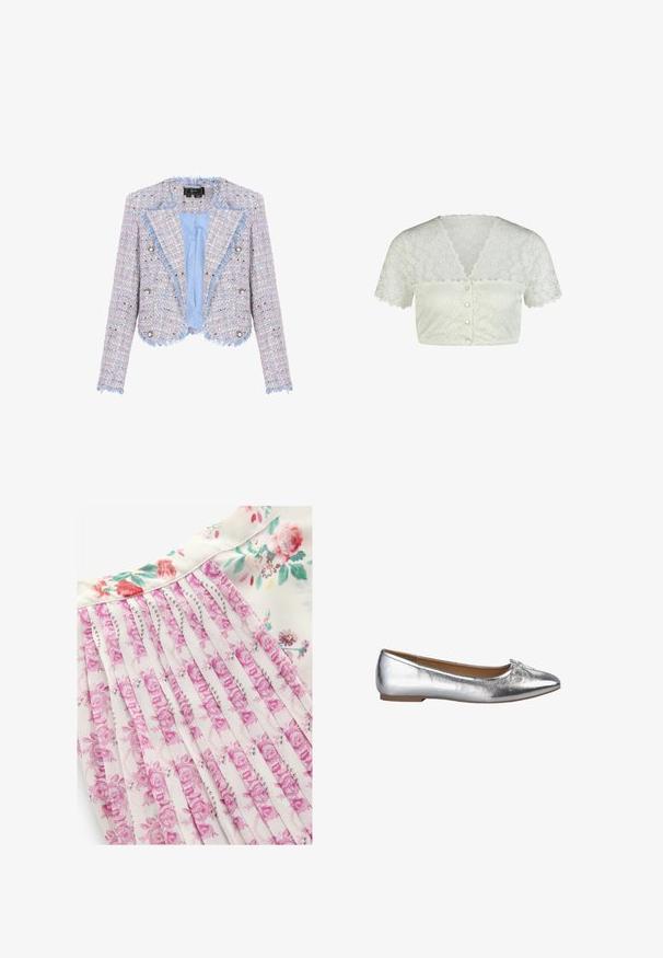 Bijgesneden pastel tweed jasje met dubbele rij knopen, rafelige randen, parelachtige knopen en lichtblauwe satijnen voering.; Witte cropped kanten blouse met korte mouwen, bloemenpatroon, V-hals, gegolfde randen en parelmoerknopen aan de voorkant.; Bloemenjurk met een witte achtergrond en roze en groene bloemenpatronen, geplooid ontwerp en een gladde stofstructuur.; Zilveren ballet flats met een metallic afwerking, spitse neus en een klein strikdetail aan de voorkant. Platte zool met een lichtbruine binnenkant.