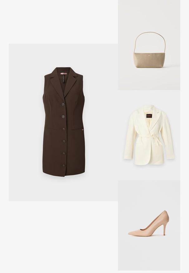 Blazer para mujer color marfil con solapas con muesca, mangas largas, dos bolsillos frontales y cinturón autoajustable en la cintura, con etiqueta BOSS en el interior del cuello.; Chaleco sin mangas marrón con un diseño ajustado, solapa de muesca y seis botones. Cuenta con dos bolsillos frontales y una textura suave.; Zapato de tacón alto de cuero beige con punta puntiaguda, textura suave y tacón de aguja delgado. Diseño minimalista con estilo sin cordones.; Bolso tejido beige con correa delgada para el hombro y pequeño logo dorado "BOSS" en el frente, presentado sobre un fondo blanco liso.