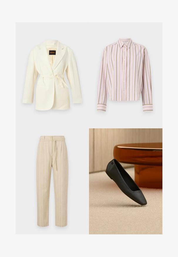 Off-white kvindelig blazer med hakkede revers, lange ærmer, to forlommer og et bælte i samme stof ved taljen, mærket BOSS indeni kraven.; Lyserød stribet skjorte med lodrette linjer i grøn og gul, knaplukning og lange ærmer med kontrastmanchetter.; Beige stribede bukser med en afslappet pasform, der har en indsnævret talje, knaplukning og bælte med slipseanordning, lavet af letvægtsstof.; Sort spids flad sko, der hviler på en beige tæppe nær et rundt ravfarvet bord i en minimalistisk rumindretning.