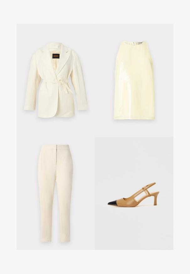 Off-white kvindelig blazer med hakkede revers, lange ærmer, to forlommer og et bælte i samme stof ved taljen, mærket BOSS indeni kraven.; Lys gul ærmeløs top med en glat tekstur, der har en skinnende panel på fronten og en lille lynlås på ryggen.; Krèmefarvede lige bukser med en tætsiddende talje og skjult lynlåslukning foran, præsenteret på en ensfarvet baggrund.; Beige slingback-hæle med sort spids, der har udskårne sider og en mellemhøj blokhæl. Glat lædermateriale.