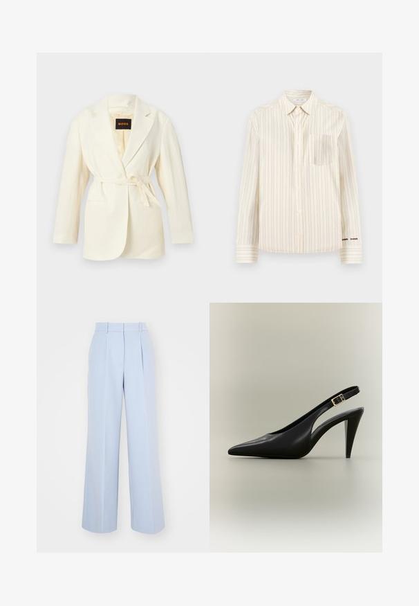 Blazer para mujer color marfil con solapas con muesca, mangas largas, dos bolsillos frontales y cinturón autoajustable en la cintura, con etiqueta BOSS en el interior del cuello.; Camisa de botones color crema con rayas verticales, mangas largas, un bolsillo en el pecho y el nombre de la marca bordado en contraste en el puño.; Pantalones de pierna ancha en azul claro con una cintura alta, que presentan pliegues en la parte delantera, confeccionados en una tela suave y tejida. Sin herrajes visibles.; Zapato de tacón alto tipo slingback de cuero negro con punta puntiaguda, hebilla dorada y tacón afilado sobre un fondo neutro.
