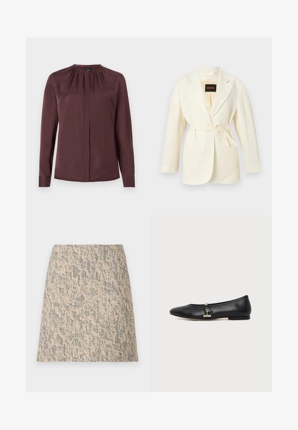 Blazer pour femme couleur crème avec revers crantés, manches longues, deux poches avant, et une ceinture à nouer à la taille, étiquette BOSS à l'intérieur du col.; Blouse à manches longues, marron foncé, avec un col froncé et des boutons avant cachés, fabriquée en tissu lisse.; Mini-jupe en tissu tissé beige et gris avec une forme évasée en A et un motif irrégulier subtil.; Chaussure plate en cuir noir avec bout arrondi et petit détail de boucle dorée sur le côté, présentée sur un fond clair uni.