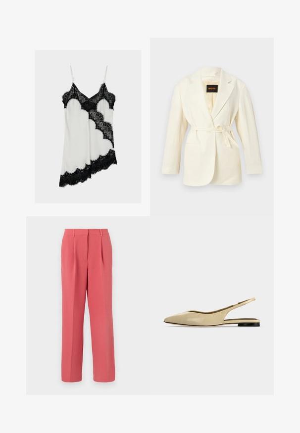 Blazer pour femme couleur crème avec revers crantés, manches longues, deux poches avant, et une ceinture à nouer à la taille, étiquette BOSS à l'intérieur du col.; Robe nuisette en satin blanc avec bordure en dentelle noire sur le décolleté, l'ourlet et le devant, avec fines bretelles et motif de dentelle asymétrique.; Pantalon taille haute sur mesure couleur corail rose, avec plis sur le devant, passants pour ceinture, et jambes droites, sur un fond clair uni.; Chaussure plate beige à bout pointu avec bride arrière, petit talon noir et finition en cuir lisse, vue de côté sur un fond uni.