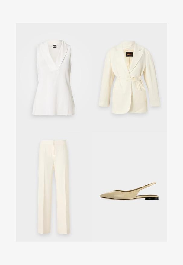 Blazer pour femme couleur crème avec revers crantés, manches longues, deux poches avant, et une ceinture à nouer à la taille, étiquette BOSS à l'intérieur du col.; Haut blanc sans manches avec un col en forme de V, doté d'un col drapé et d'une texture lisse légèrement brillante. Idéal pour être superposé.; Pantalon droit sur mesure couleur blanc cassé avec pli avant, ceinture et fermeture avant dissimulée sur un fond uni.; Chaussure plate beige à bout pointu avec bride arrière, petit talon noir et finition en cuir lisse, vue de côté sur un fond uni.