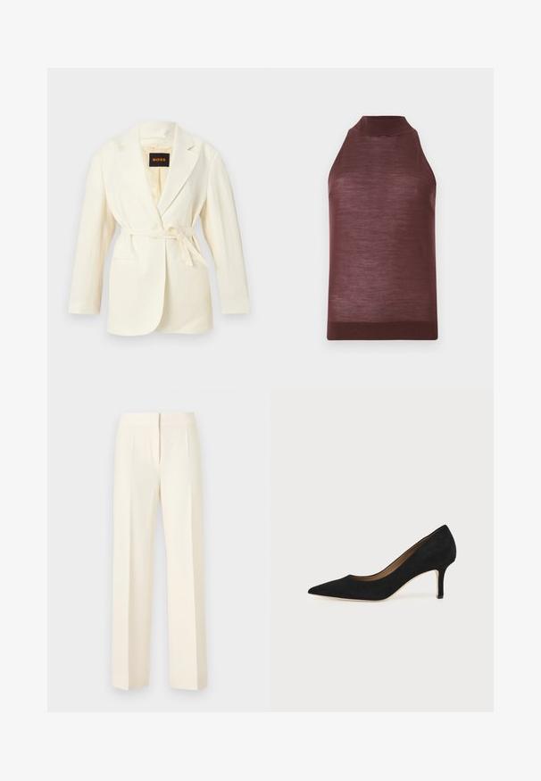Blazer pour femme couleur crème avec revers crantés, manches longues, deux poches avant, et une ceinture à nouer à la taille, étiquette BOSS à l'intérieur du col.; Top tricoté marron sans manches avec col haut et ourlet côtelé, présenté sur un fond clair uni.; Pantalon droit sur mesure couleur blanc cassé avec pli avant, ceinture et fermeture avant dissimulée sur un fond uni.; Escarpin en daim noir à bout pointu avec un talon stiletto fin de hauteur moyenne et un design à coupe basse sur un fond uni.
