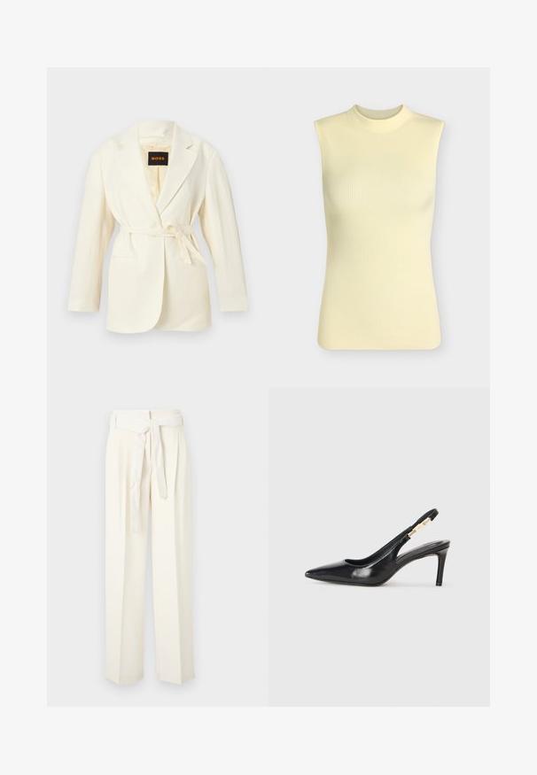Off-white kvindelig blazer med hakkede revers, lange ærmer, to forlommer og et bælte i samme stof ved taljen, mærket BOSS indeni kraven.; Ærmeløs ribstrikket top i lysegul med høj rund halsudskæring, tætsiddende silhuet og blødt struktureret stof.; Kremfarvede vidde bukser med bæltestrop. Fremstillet af blødt stof, med folder og en glat overflade uden mønstre.; Sort læder slingback højhælede sko med spidse tæer, glat overflade og en smal ankelrem med guldfarvede hardware detaljer.