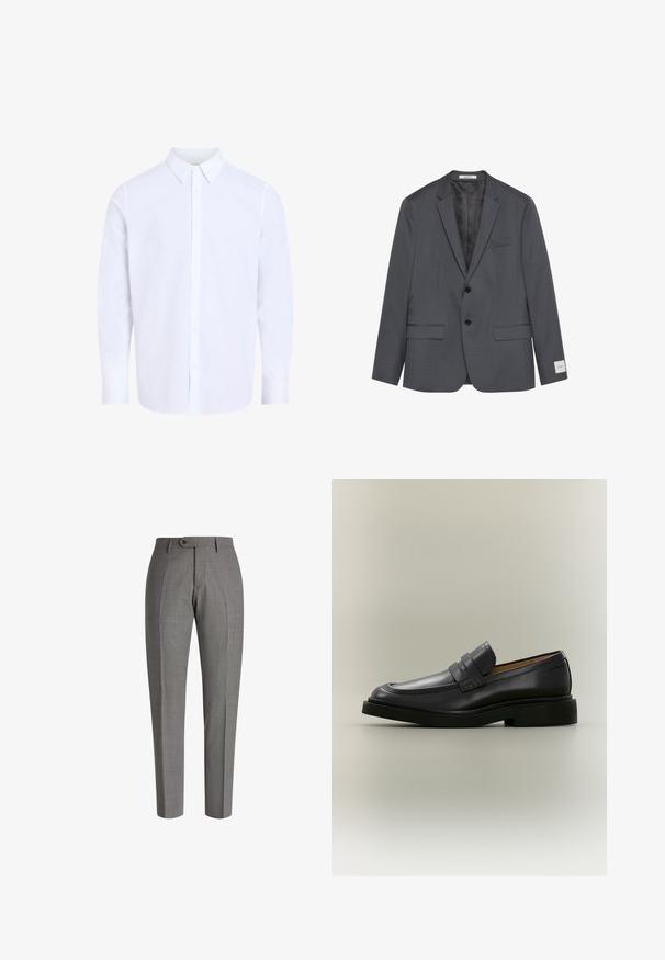 Veste de costume pour homme gris foncé avec deux boutons à l'avant, revers crantés et poches à rabat, présentée sur fond blanc.; Chemise blanche à manches longues avec col classique, en tissu lisse, avec une patte de boutonnage devant et un ourlet arrondi.; Pantalons gris ajustés avec une finition texturée, coupe slim, pli avant et fermeture à un bouton à la taille.; Mocassin homme en cuir noir avec un petit talon et une bride sur le dessus, montré de profil sur un fond neutre.