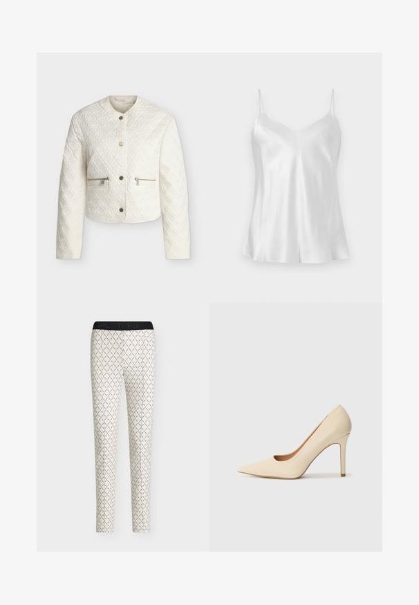 Veste matelassée crème blanche avec encolure ronde, boutons-pression métalliques, poches zippées et motif diamant texturé sur le tissu.; Haut camisole en satin blanc avec fines bretelles spaghetti et décolleté en V, présenté à plat sur un fond neutre.; Pantalon slim blanc à motif chaîne géométrique noire et taille noire étiquetée "SPORT".; Escarpin en cuir beige à talon haut avec un bout pointu et un détail découpé sur le côté, possédant un talon stiletto fin pour le soutien.