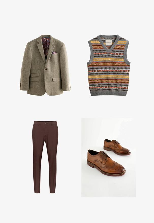 Blazer z houndstooth vzorom z tweedu v svetlo hnedej farbe, s tmavou kvetinovou podšívkou, klopovými reverzami a dvoma prednými vreckami s gombíkovými detailmi.; Pletený bezrukávnik so špicatým výstrihom, s horizontálnymi pruhmi v sivom, žltom, oranžovom a hnedom odtieni s geometrickými vzormi.; Hnedé oblečené nohavice s plochým predným dielom, pútka na opasok a jedným gombíkom na zapínanie. Vyrobené z hladkého materiálu s rovnými nohavicami.; Hnedé kožené oxfordské topánky s perforovanými detailmi, šnurovací uzatváranie a zaoblenou špičkou. Hladký povrch a kontrastná podrážka.