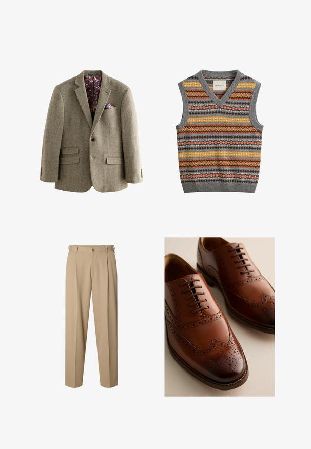 Houndstooth-patroon tweed blazer in lichtbruin, met een interieur gevoerd met donkere bloemen, notch-lapels en twee voorzakken met knoopaccenten.; Mouwloos gebreid sweatervest met V-hals, met horizontale strepen in grijs, geel, oranje en bruin met geometrische patronen.; Beige op maat gemaakte broek met voorplooien, riemlussen, knoopsluiting en rechte pijpen.; Gepolijste bruine leren Oxford schoenen met brogue-details en gesloten vetersluiting op een lichte ondergrond, zichtbaar van voor- en zijkant.