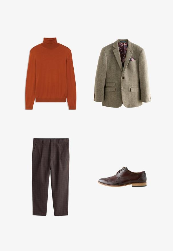 Lys brun tweed blazer med houndstooth-mønster, der har en mørk blomsterforing, notklapper og to frontlommer med knapdetaljer.; Rustrød turtleneck sweater lavet af blødt stof. Tæt siddende design med lange ærmer samt ribkant ved halsen og i kanten. Glat tekstur over hele sweateren.; Brune herre bukser med diskret ternet mønster, knaplukning, sidelommer og bæltestropper, lagt fladt på hvid baggrund.; Mørkebrun læder brogue festsko med wingtip-detaljer, lukket snørebinding og lystræsål, set fra ydersiden.