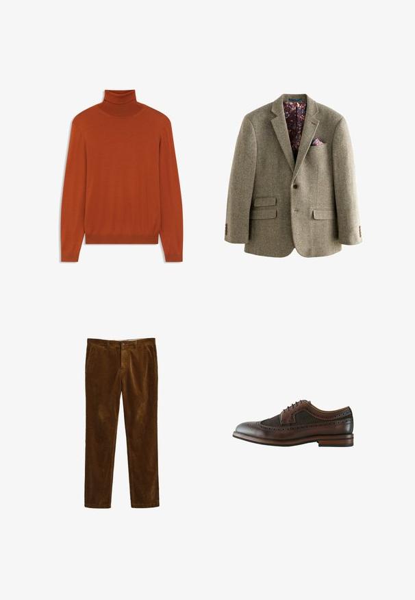 Hahnentritt-Muster Tweed-Blazer in Hellbraun mit einem dunkelblumigen Innenfutter, Reverskragen und zwei vorderen Taschen mit Knopf-Details.; Rostfarbener Rollkragenpullover aus weichem Material. Figurbetontes Design mit langen Ärmeln und geripptem Kragen sowie Saum. Glatte Textur im gesamten Pulli.; Braune Cordhosen mit geradem Bein, ausgestattet mit einem Frontknopfverschluss und zwei Seitentaschen. Strukturierter Stoff mit geripptem Muster.; Dunkelbrauner Leder-Wingtip-Brogue-Schuh mit dekorativen Perforationen, Schnürverschluss und Holzsohle mit mehrlagigem Absatz.