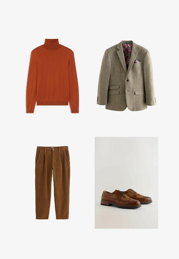 Hahnentritt-Muster Tweed-Blazer in Hellbraun mit einem dunkelblumigen Innenfutter, Reverskragen und zwei vorderen Taschen mit Knopf-Details.; Rostfarbener Rollkragenpullover aus weichem Material. Figurbetontes Design mit langen Ärmeln und geripptem Kragen sowie Saum. Glatte Textur im gesamten Pulli.; Braune Corduroyhosen mit geradem Schnitt, ausgestattet mit vorderen Falten, schrägen Taschen und einem einzelnen Knopfverschluss an der Taille.; Braune Lederschuhe mit Brogue-Verzierungen, einer glatten Textur, einem Schnürdesign und einer massiven Gummisohle für zusätzlichen Halt.