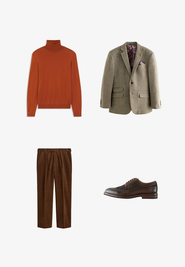 Blazer z houndstooth vzorom z tweedu v svetlo hnedej farbe, s tmavou kvetinovou podšívkou, klopovými reverzami a dvoma prednými vreckami s gombíkovými detailmi.; Sveter s rolákom v rustikálnej farbe vyrobený z mäkkej tkaniny. Úzky strih s dlhými rukávmi a rebrovaným golierom a lemom. Hladká textúra po celom povrchu.; Hnedé kordové nohavice s záhybmi, bočnými vreckami, pútkami na opasok a zapínaním na gombík v páse, zobrazené naplocho na bielom pozadí.; Tmavohnedá kožená brogue topánka typu wingtip s dekoratívnymi perforáciami, zaväzovaním na šnúrky a drevenou podrážkou s viacvrstvovým podpätkom.