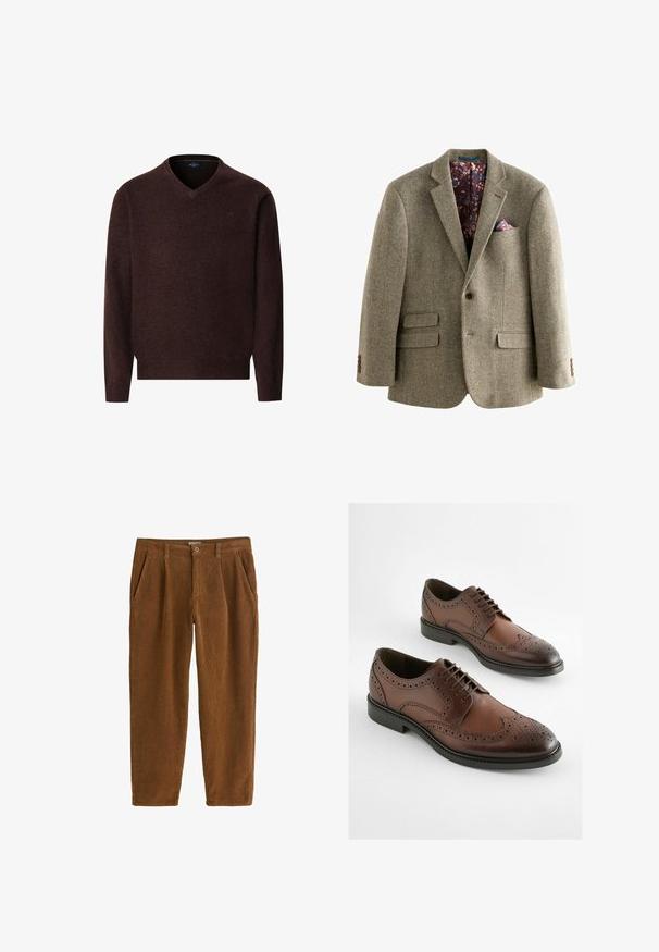 Blazer z houndstooth vzorom z tweedu v svetlo hnedej farbe, s tmavou kvetinovou podšívkou, klopovými reverzami a dvoma prednými vreckami s gombíkovými detailmi.; Hnedý sveter s výstrihom do V z mäkkého materiálu, s dlhými rukávmi a rebrovanými manžetami. Minimálne detaily so subtilným logom na hrudi.; Hnedé kordové nohavice s rovnými nohavicami, prednými záhybmi, šikmými vreckami a jedným gombíkom na zapínanie v páse.; Hnedé kožené derby topánky s brogue dizajnom, špicatou špičkou a plochou gumovou podrážkou. Zložitá perforácia pozdĺž okrajov.