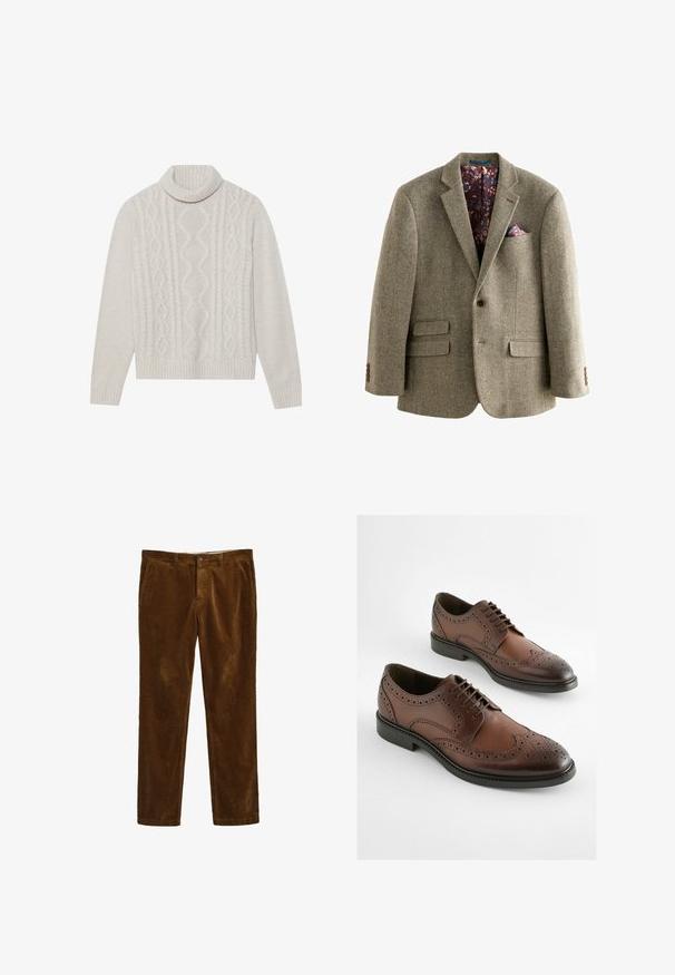 Lys brun tweed blazer med houndstooth-mønster, der har en mørk blomsterforing, notklapper og to frontlommer med knapdetaljer.; Cremefarvet kabelstrikket sweater med høj ribkant, prydet med et struktureret mønster samt ribbede manchetter og kant. Blødt uldblend materiale.; Brune corduroy bukser med et lige ben-design, der har en frontlukning med knap og to sidelommer. Tekstiler med ribbet mønster.; Brune læder derby sko med brogue-design, spidse tæer og flad gummisål. Intrikate perforeringer langs kanterne.