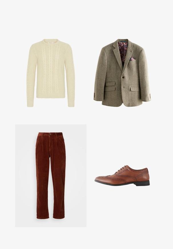 Lys brun tweed blazer med houndstooth-mønster, der har en mørk blomsterforing, notklapper og to frontlommer med knapdetaljer.; Blend BHBASIM - Striktrøje - oyster gray; Corduroybukser i en rig brun farve; har en plisseret front, lige ben og en knaplukning ved taljen.; Brun læder herre brogue-sko med dekorative perforeringer og sort sål, vist fra siden.