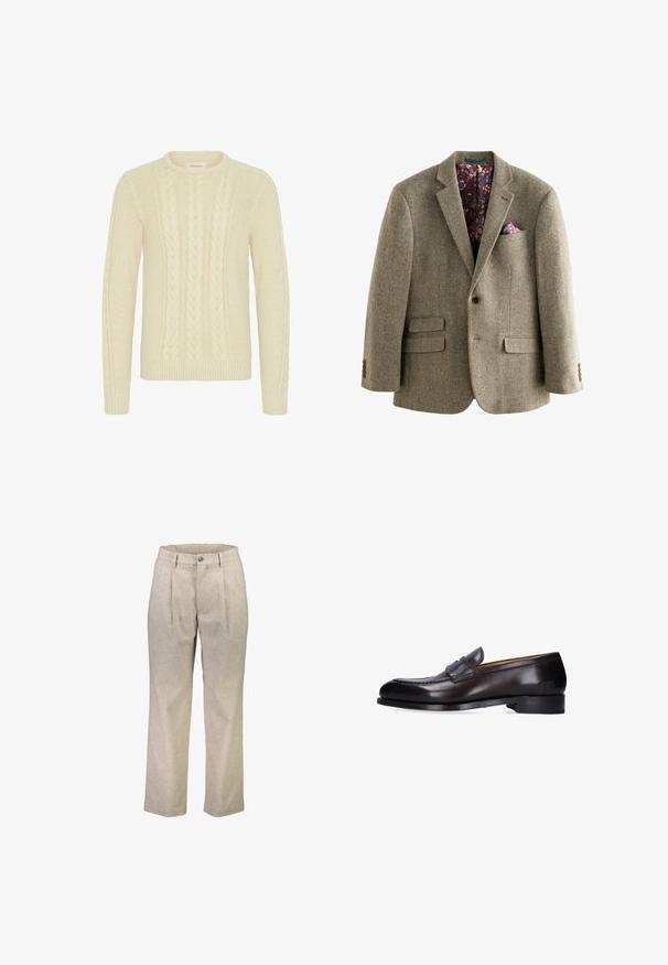 Lys brun tweed blazer med houndstooth-mønster, der har en mørk blomsterforing, notklapper og to frontlommer med knapdetaljer.; Blend BHBASIM - Striktrøje - oyster gray; Beige uldblandede bukser med lige snit, der har to frontfolder, en knaplukning og sidelommer. Glat tekstur.; Sort læder penny loafer med lav hæl, slankt design og diskret prægning med mærke på siden.